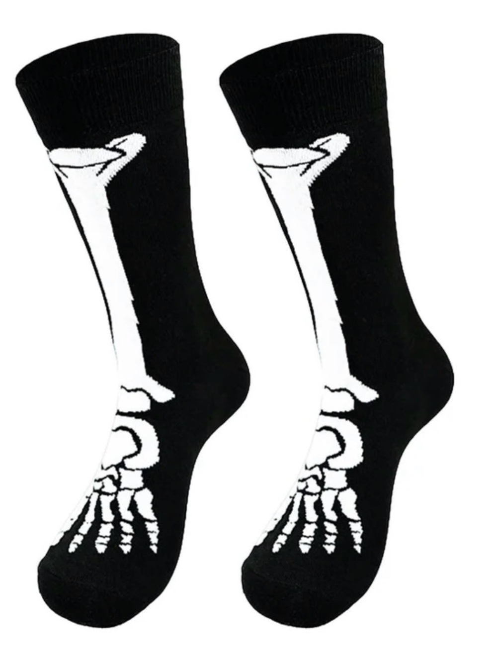 Men's Black Crew Socks with White Skeleton Bone Design
